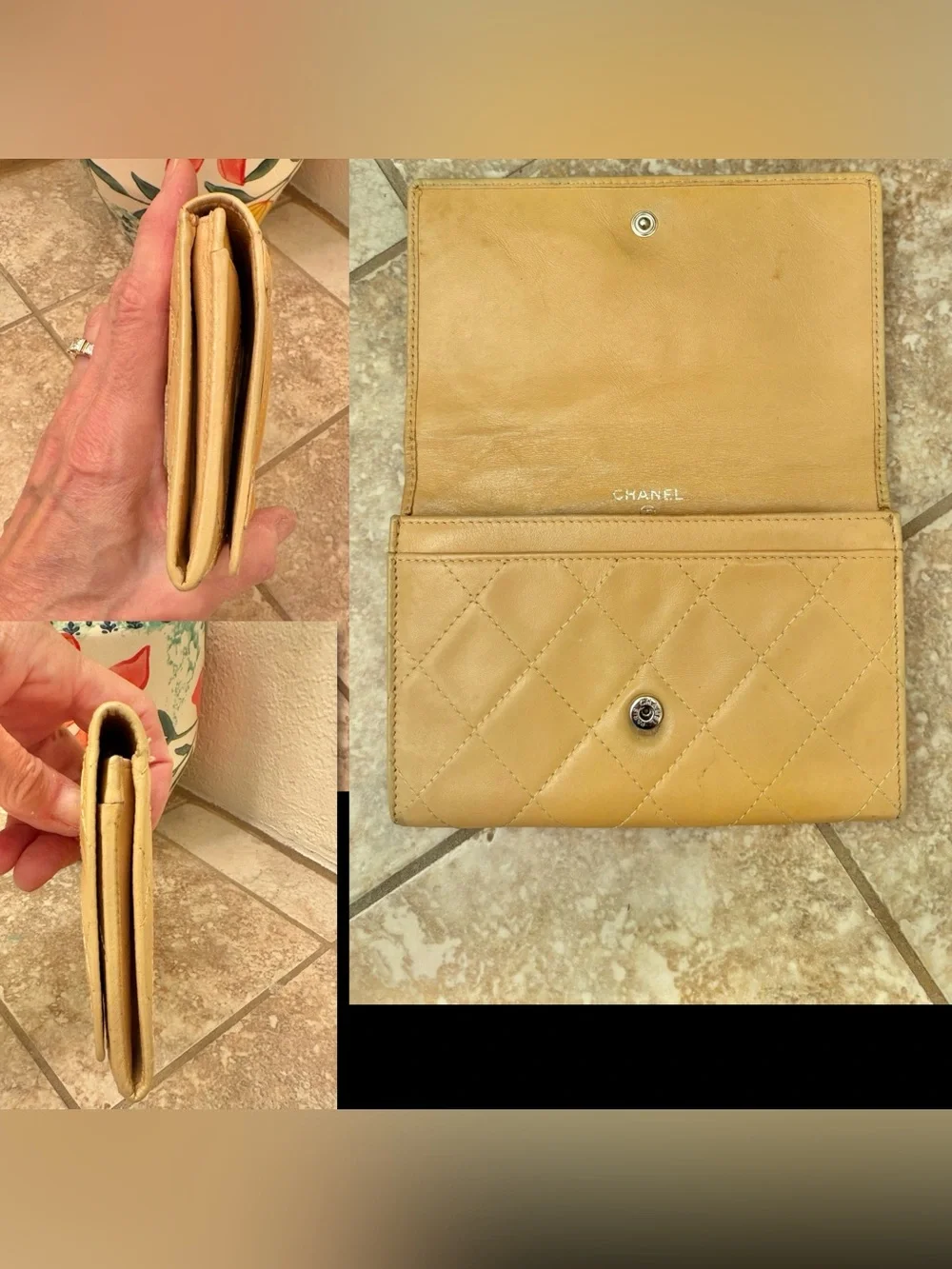Authentic Chanel Cambon Quilted Leather Short Wallet with Orange interior